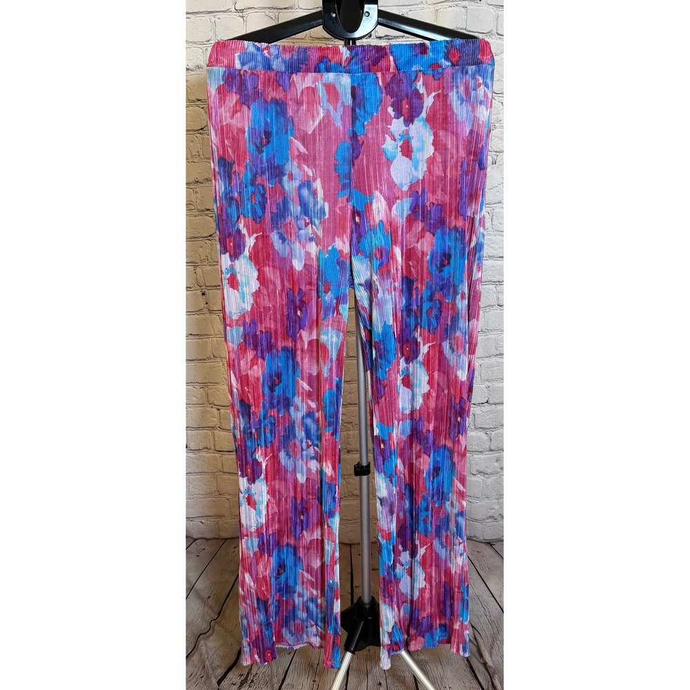 Fashion Nova Floral‎ Plisse Wide Leg Pants Pink Blue XL